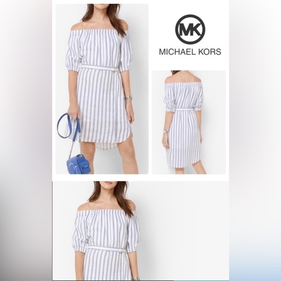 Michael Kors Striped Off the shoulder 100% Linen Dress Size Xs - Picture 1 of 11